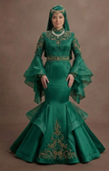 Muslim Prom Dress Emerald Green Satin Long Sleeve Modest Prom