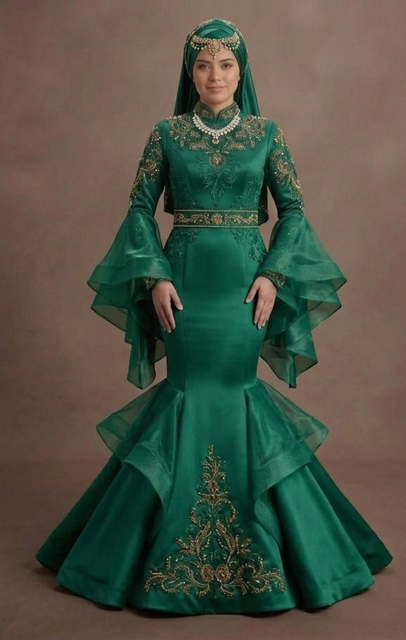 Muslim Prom Dress Emerald Green Satin Long Sleeve Modest Prom
