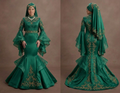 Muslim Prom Dress Emerald Green Satin Long Sleeve Modest Prom