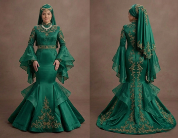 Muslim Prom Dress Emerald Green Satin Long Sleeve Modest Prom