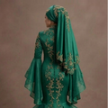 Muslim Prom Dress Emerald Green Satin Long Sleeve Modest Prom