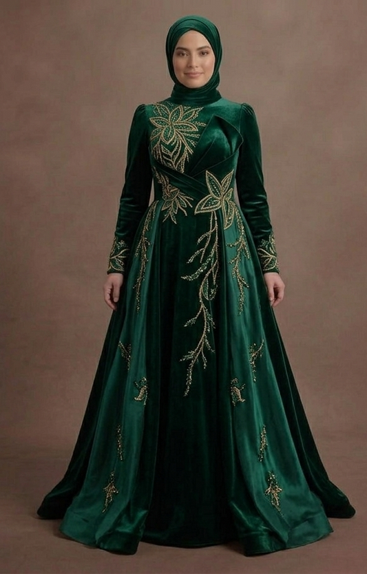 Muslim Prom Dress Forest Green Velvet A-Line Modest Prom