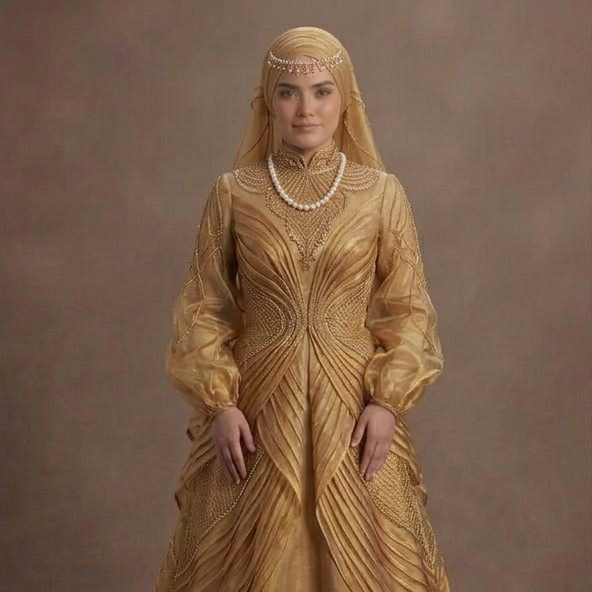 Muslim Prom Dress Gold Organza Long Sleeve Luxury Prom