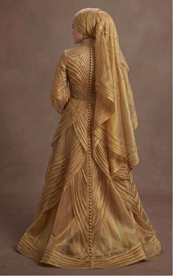 Muslim Prom Dress Gold Organza Long Sleeve Luxury Prom