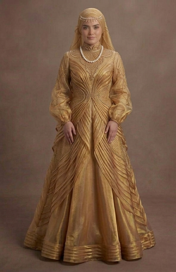 Muslim Prom Dress Gold Organza Long Sleeve Luxury Prom