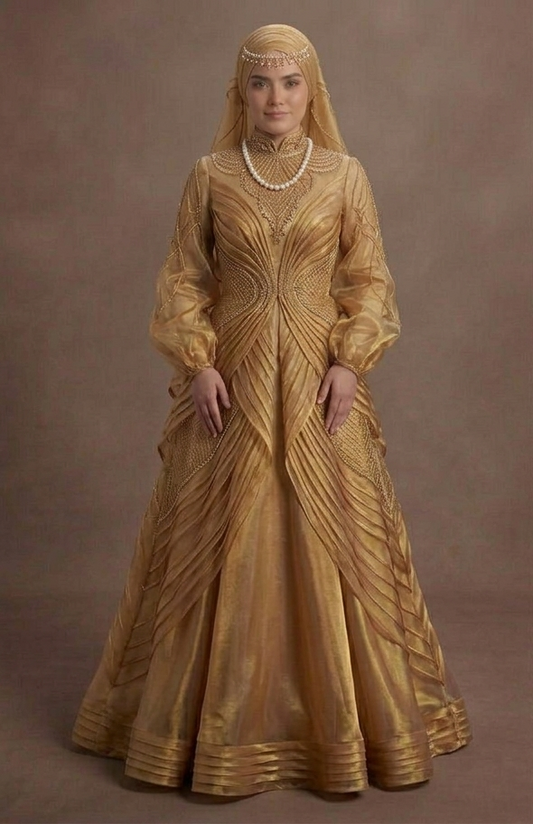 Muslim Prom Dress Gold Organza Long Sleeve Luxury Prom