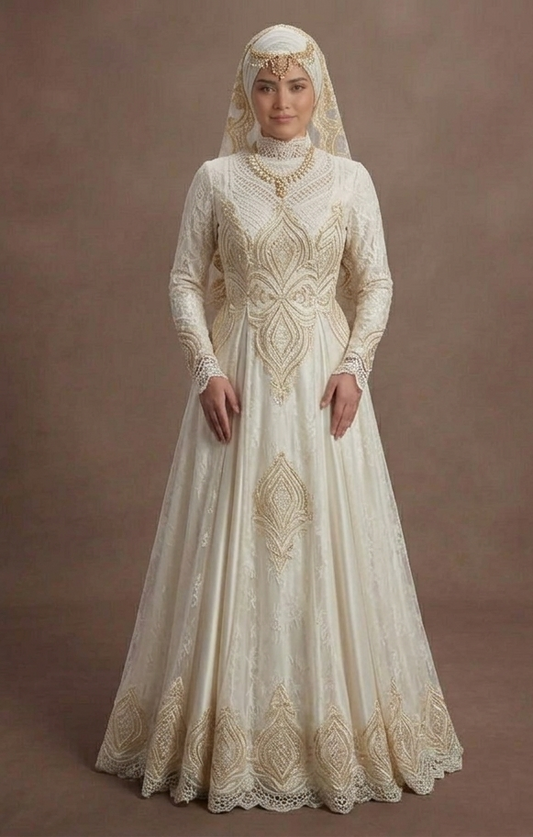 Muslim Prom Dress Ivory Lace Modest High Neck Prom