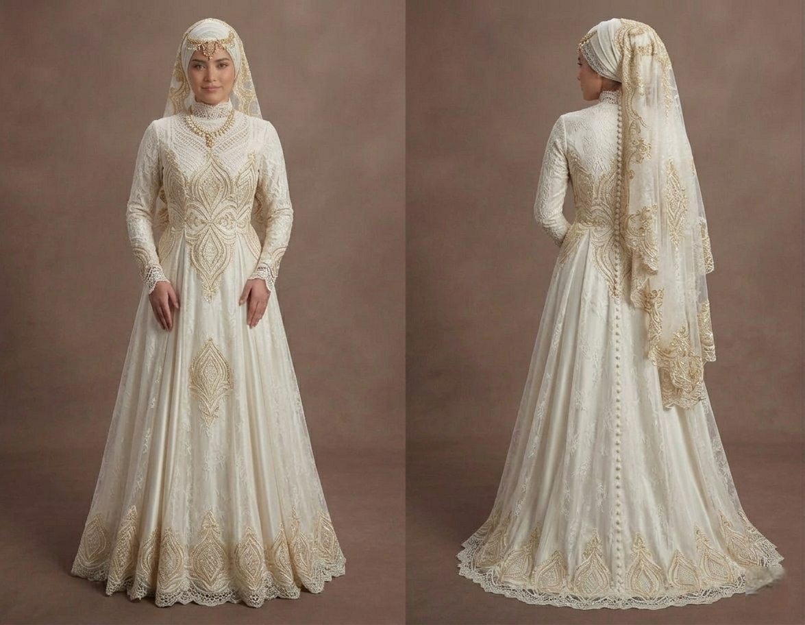 Muslim Prom Dress Ivory Lace Modest High Neck Prom