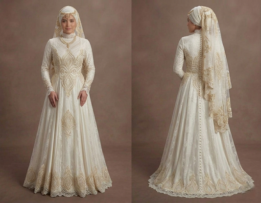 Muslim Prom Dress Ivory Lace Modest High Neck Prom