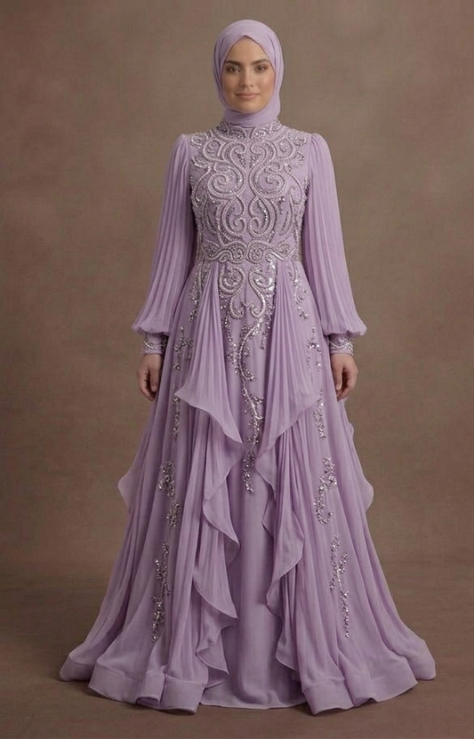 Muslim Prom Dress Lilac Chiffon Modest Flowing Prom