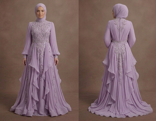 Muslim Prom Dress Lilac Chiffon Modest Flowing Prom