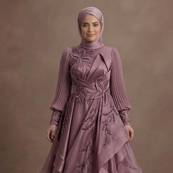 Muslim Prom Dress Mauve Satin Long Sleeve Elegant Night