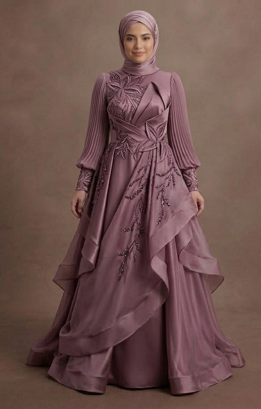 Muslim Prom Dress Mauve Satin Long Sleeve Elegant Night