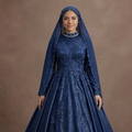 Muslim Prom Dress Navy Blue Satin A-Line Modest Evening