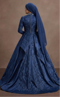 Muslim Prom Dress Navy Blue Satin A-Line Modest Evening