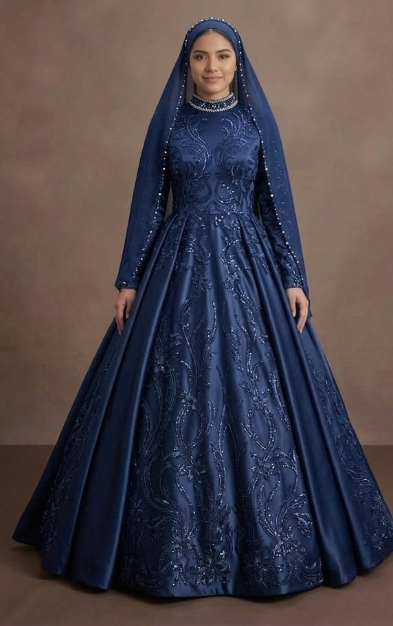 Muslim Prom Dress Navy Blue Satin A-Line Modest Evening
