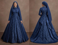 Muslim Prom Dress Navy Blue Satin A-Line Modest Evening