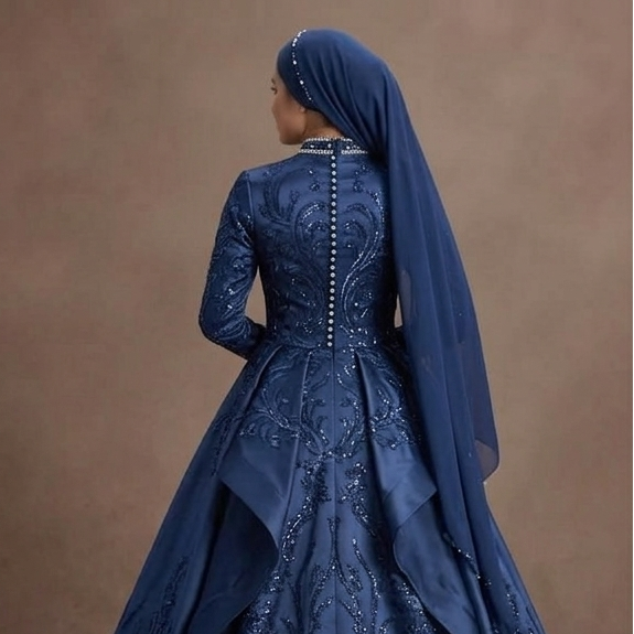Muslim Prom Dress Navy Blue Satin A-Line Modest Evening