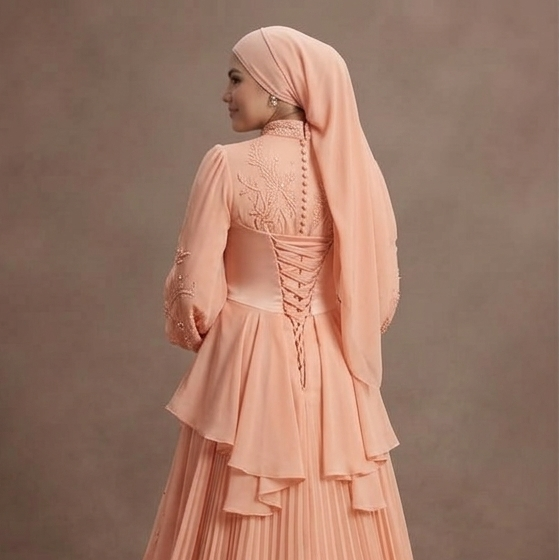 Muslim Prom Dress Peach Chiffon Long Sleeve Soft Prom