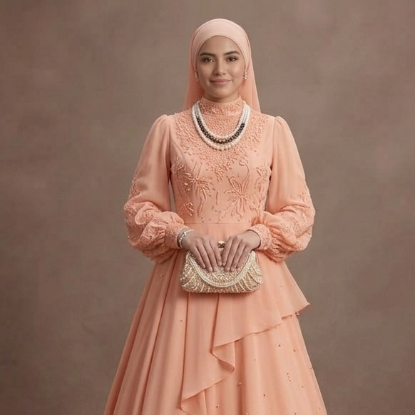Muslim Prom Dress Peach Chiffon Long Sleeve Soft Prom