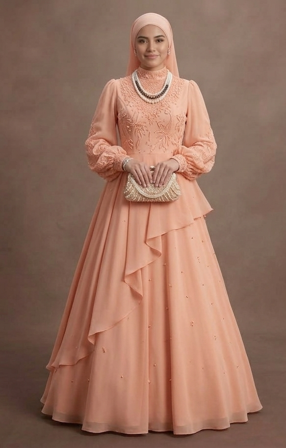 Muslim Prom Dress Peach Chiffon Long Sleeve Soft Prom