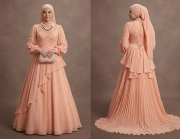 Muslim Prom Dress Peach Chiffon Long Sleeve Soft Prom