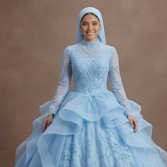Muslim Prom Dress Powder Blue Lace Long Sleeve Romantic Prom