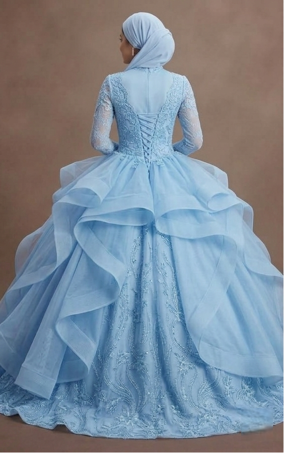 Muslim Prom Dress Powder Blue Lace Long Sleeve Romantic Prom
