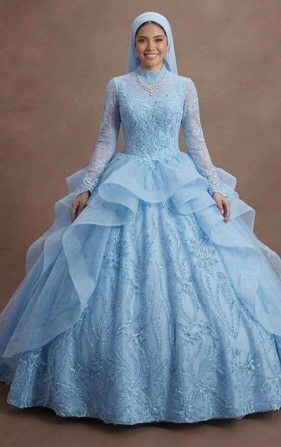 Muslim Prom Dress Powder Blue Lace Long Sleeve Romantic Prom