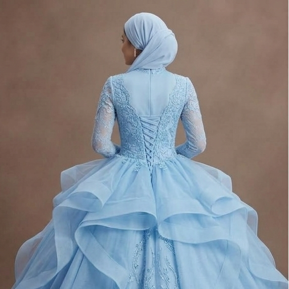 Muslim Prom Dress Powder Blue Lace Long Sleeve Romantic Prom