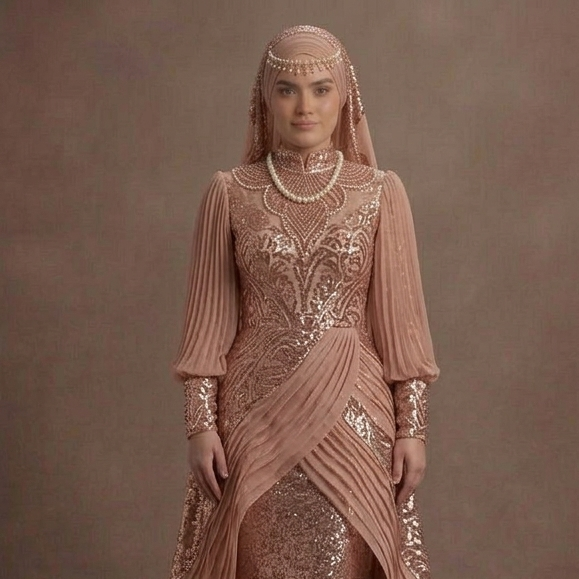 Muslim Prom Dress Rose Gold Sequin Long Sleeve Glam Prom