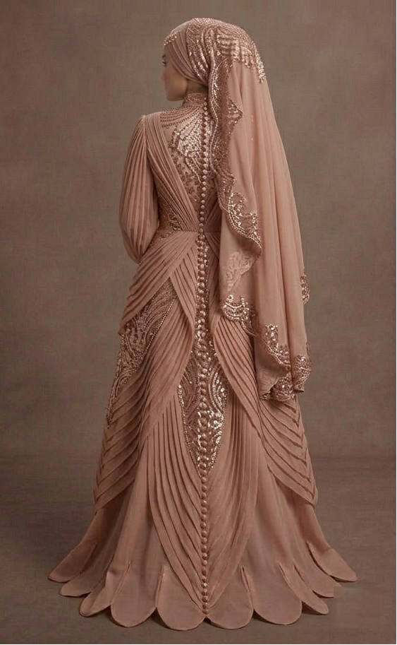 Muslim Prom Dress Rose Gold Sequin Long Sleeve Glam Prom