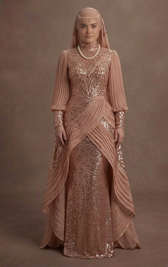 Muslim Prom Dress Rose Gold Sequin Long Sleeve Glam Prom