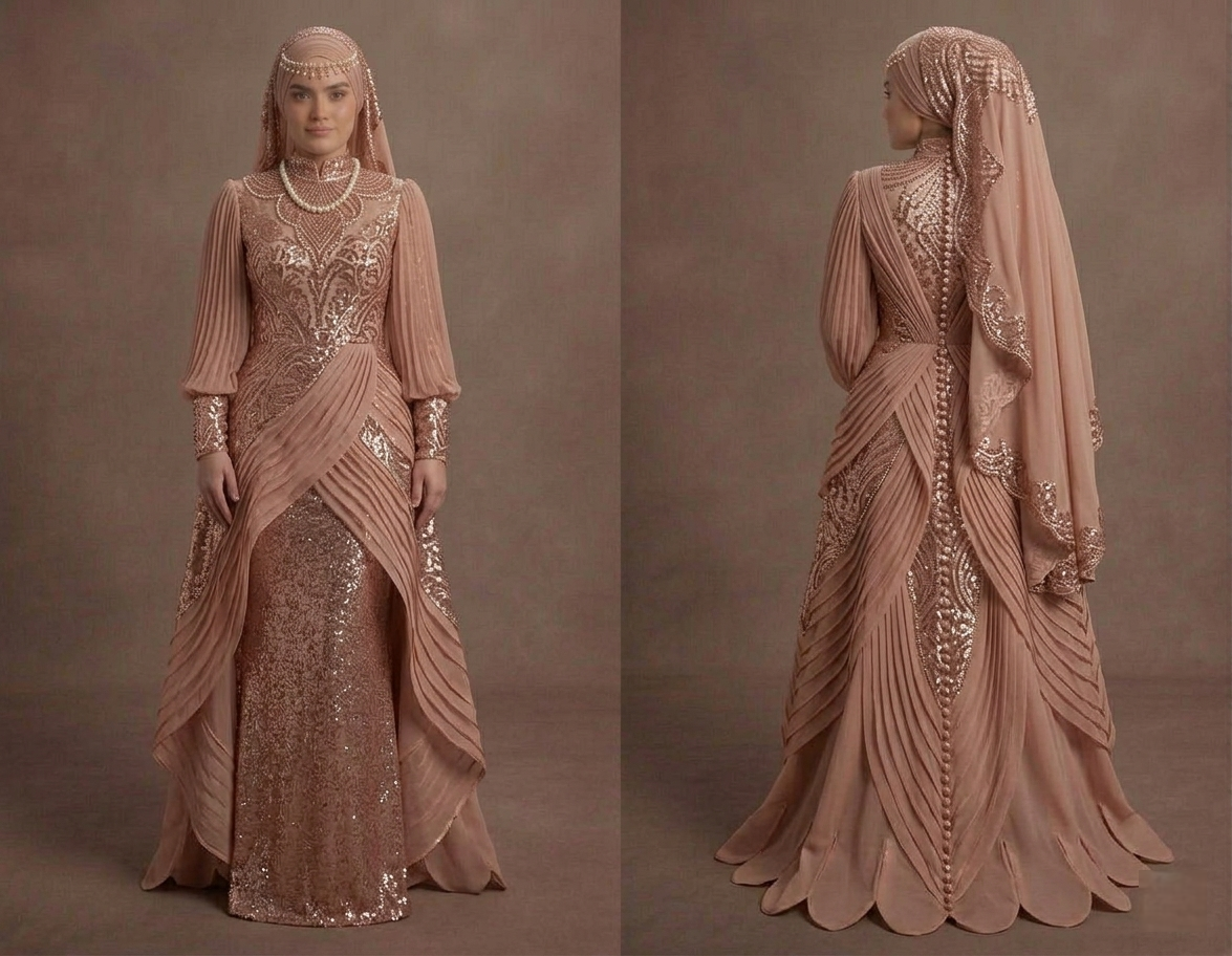 Muslim Prom Dress Rose Gold Sequin Long Sleeve Glam Prom