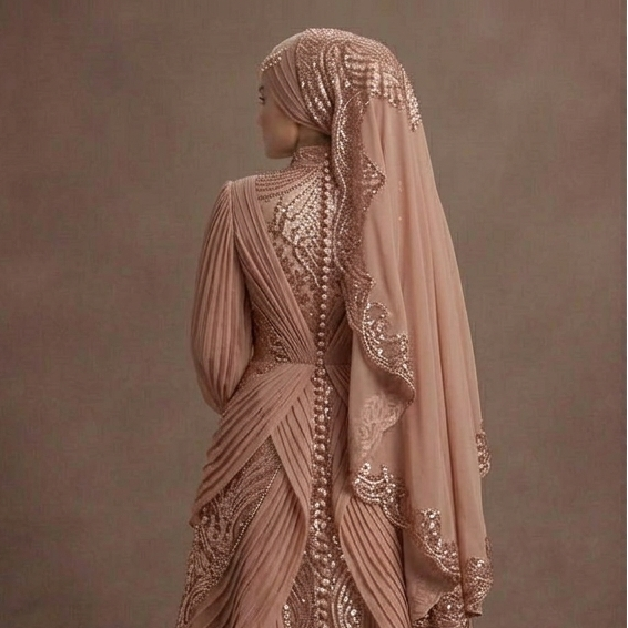 Muslim Prom Dress Rose Gold Sequin Long Sleeve Glam Prom