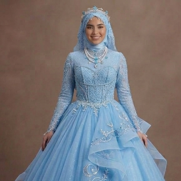 Muslim Prom Dress Sky Blue Tulle Long Sleeve Fairytale Prom