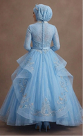 Muslim Prom Dress Sky Blue Tulle Long Sleeve Fairytale Prom