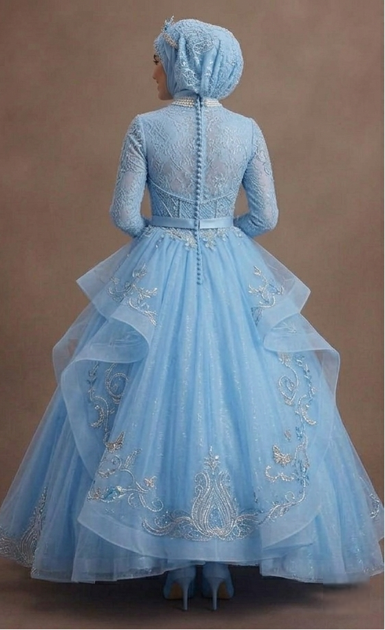 Muslim Prom Dress Sky Blue Tulle Long Sleeve Fairytale Prom