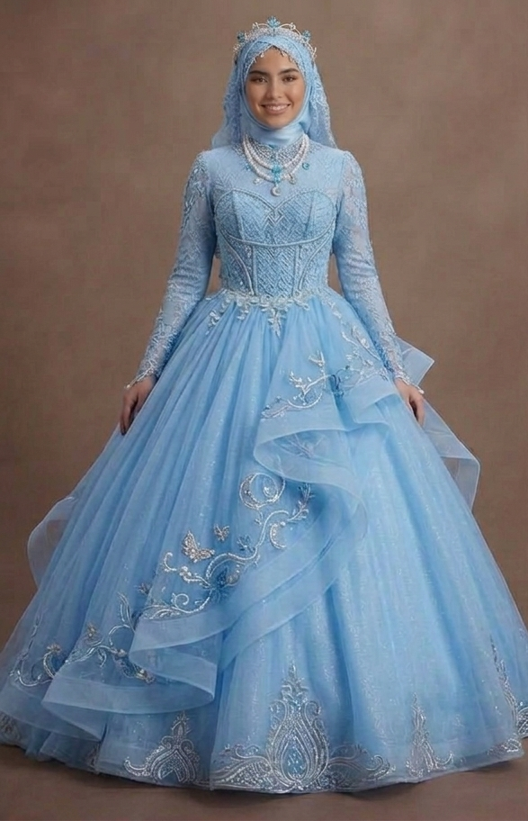 Muslim Prom Dress Sky Blue Tulle Long Sleeve Fairytale Prom