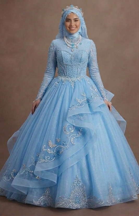 Muslim Prom Dress Sky Blue Tulle Long Sleeve Fairytale Prom