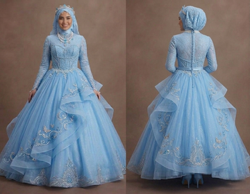 Muslim Prom Dress Sky Blue Tulle Long Sleeve Fairytale Prom
