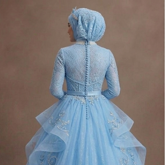 Muslim Prom Dress Sky Blue Tulle Long Sleeve Fairytale Prom
