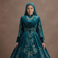 Muslim Prom Dress Teal Velvet High Neck Elegant Prom