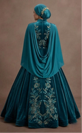 Muslim Prom Dress Teal Velvet High Neck Elegant Prom