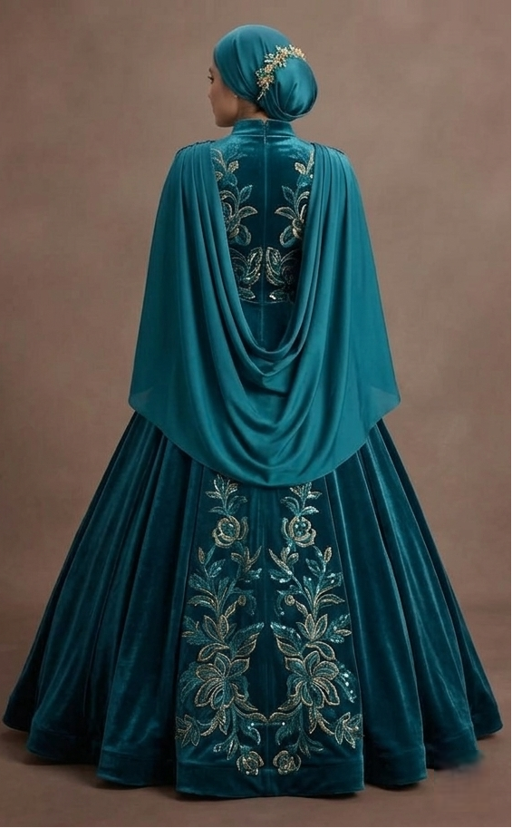 Muslim Prom Dress Teal Velvet High Neck Elegant Prom