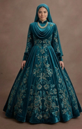 Muslim Prom Dress Teal Velvet High Neck Elegant Prom
