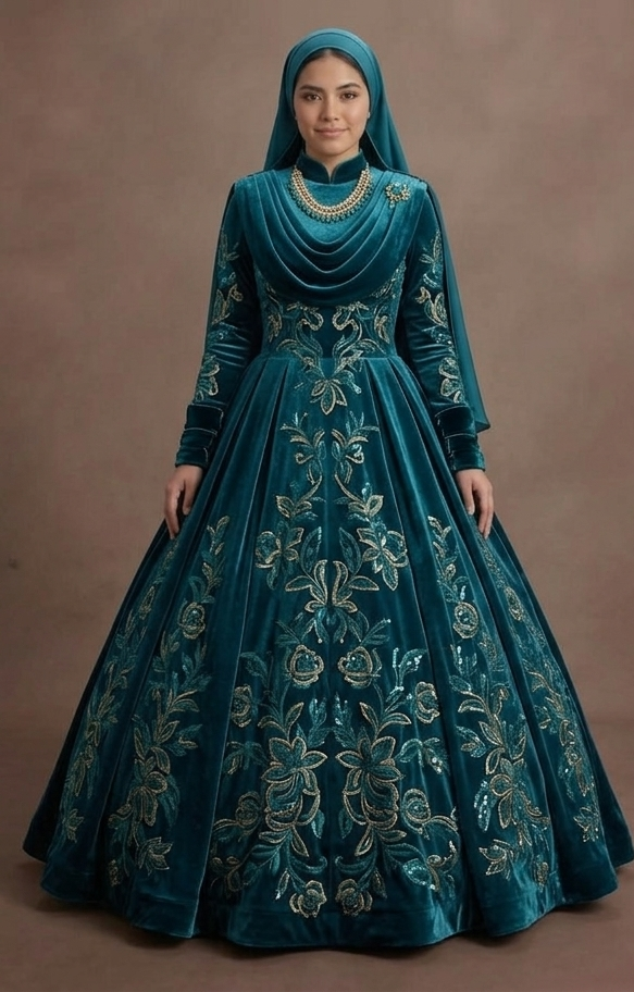 Muslim Prom Dress Teal Velvet High Neck Elegant Prom