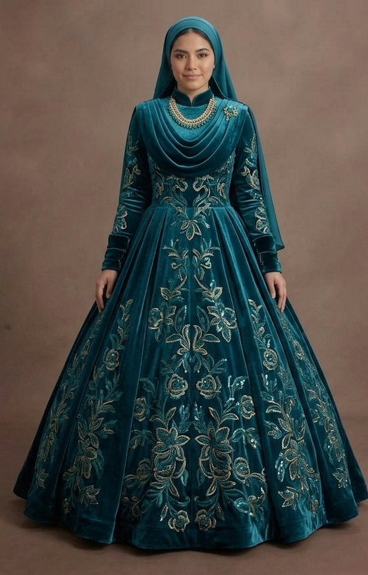 Muslim Prom Dress Teal Velvet High Neck Elegant Prom