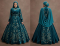 Muslim Prom Dress Teal Velvet High Neck Elegant Prom