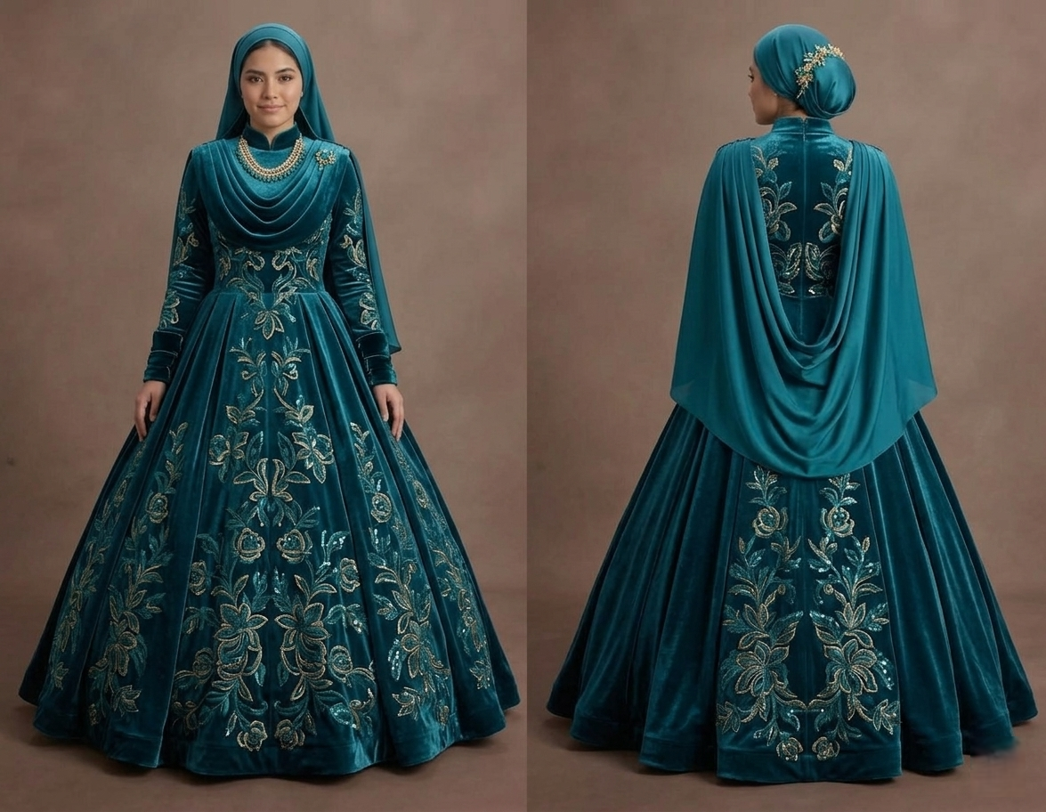 Muslim Prom Dress Teal Velvet High Neck Elegant Prom